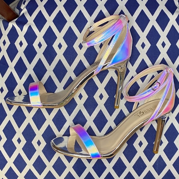 Pink Iridescent hologram single ankle strap heels sandals prom night - Picture 4 of 4